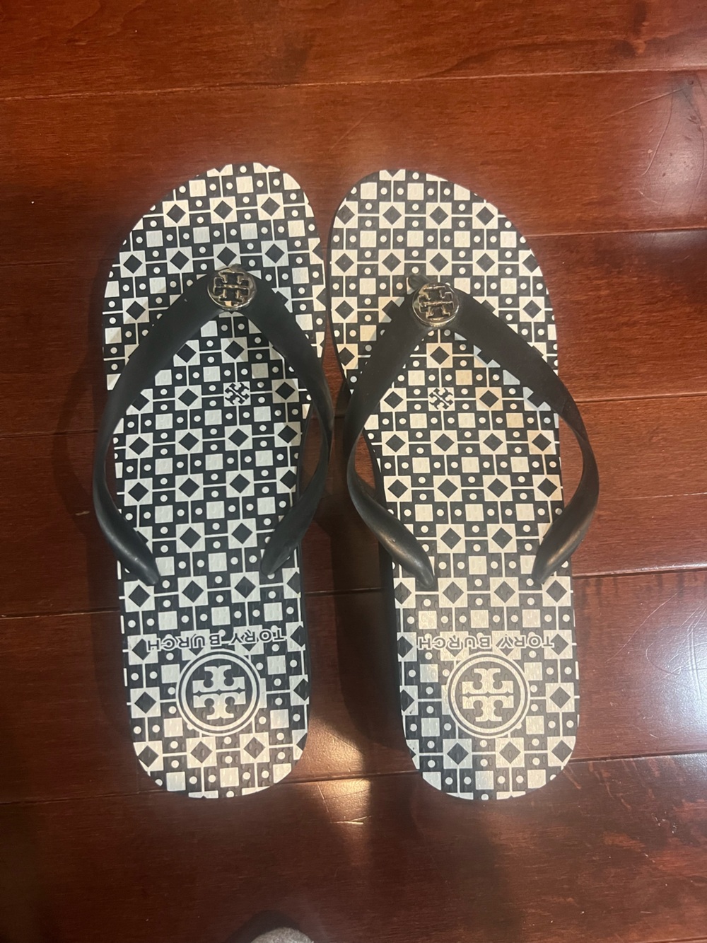 Tory Burch Black and White Geometric Logo Flip Flops (Size 11)
